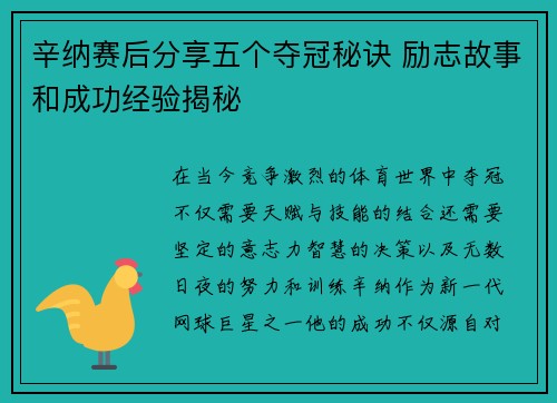 辛纳赛后分享五个夺冠秘诀 励志故事和成功经验揭秘